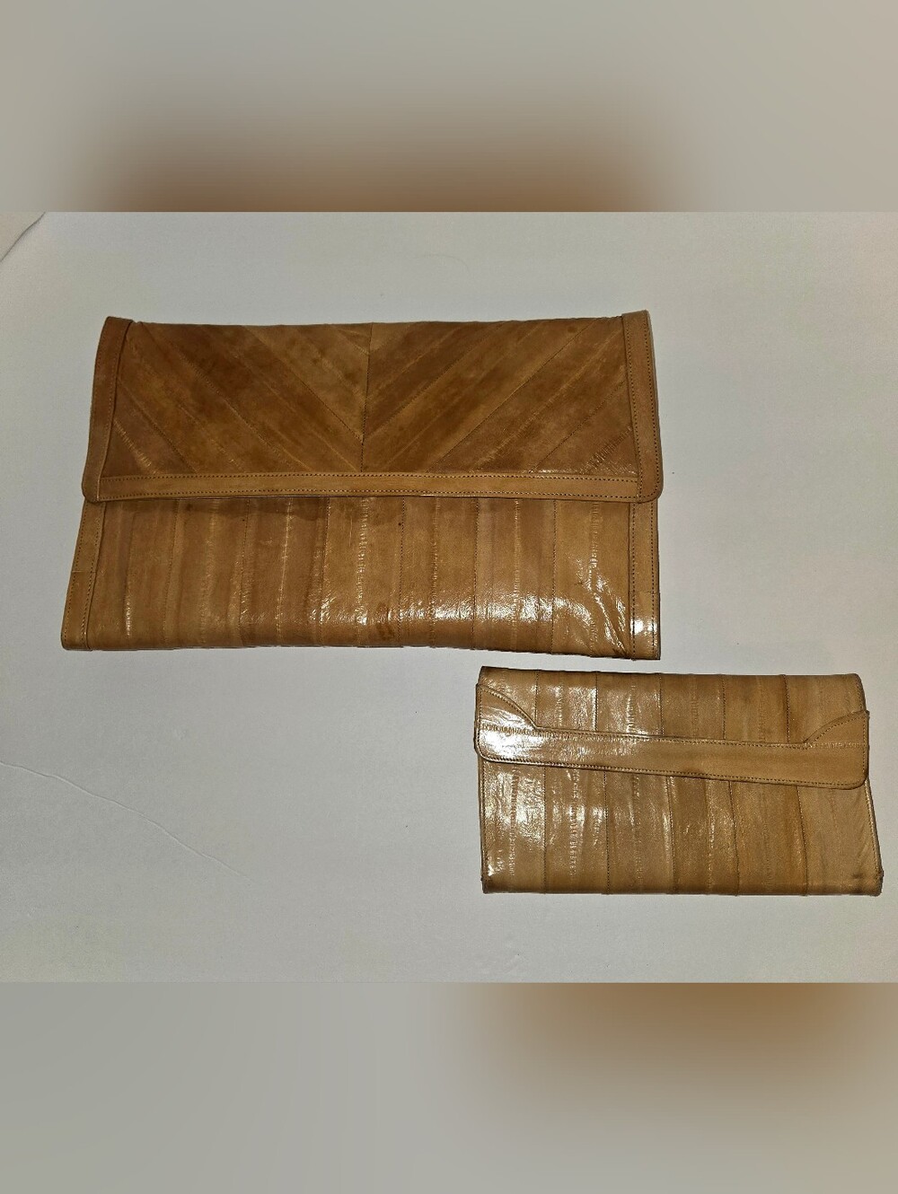 Vintage Genuine Eel Skin Leather Tan Clutch Purse Bag Wallet Set *See Pictures*